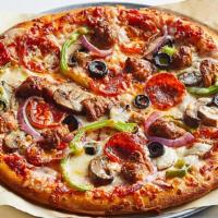 Lineage · The Lineage: House-made marinara, melted mozzarella cheese, topped with mushrooms, red onion...