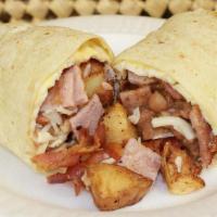 Breakfast Burrito · Served with eggs, bacon, ham, refried beans, seasoned potatoes, and cheese.