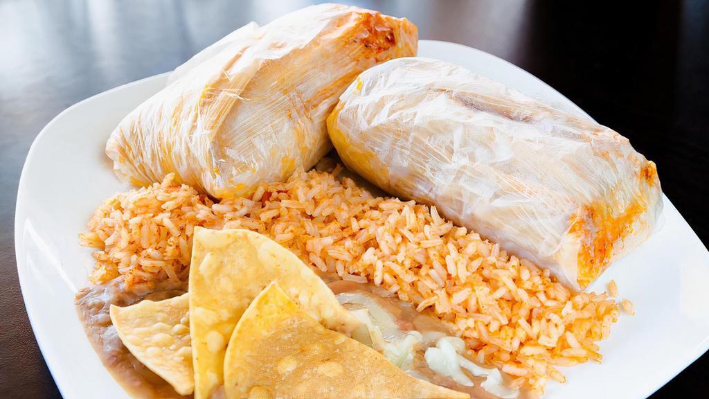 Tamale Plate · Served with two tamales, rice and beans.