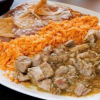 Chile Verde Plate · Chile verde, rice, beans, and three (corn) handmade tortillas.