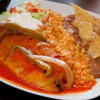Chile Relleno Plate · A chile relleno served with rice, beans, and three corn (handmade tortillas).