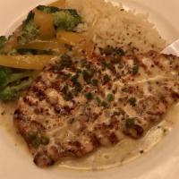 Chicken Breast · Grilled, with grainy mustard, capers, and onion butter sauce.
