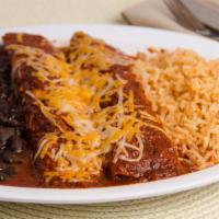Tres Enchiladas · One chicken, beef and cheese enchilada, topped with house made enchilada sauce and cheese.