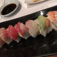 Red Dragon Roll · Inside: krab, avocado, unagi, cucumber. Outside: spicy tuna, crunch, eel sauce.