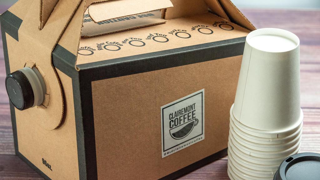 Coffee Box · 96 oz  Coffee Box - comes with 10 to go cups and lids and a mix of sugars.