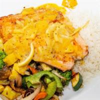 Citrus Salmon · Grilled salmon, with citrus salsa, served with rice and vegetables.