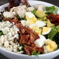 Cobb · Crisp romaine, fresh avocado, grilled chicken breast, smoked bacon, egg, gorgonzola, tomatoe...