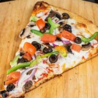 Veggie · Red sauce, mushrooms, onions, green peppers, black olives, tomatoes, garlic and topped with ...