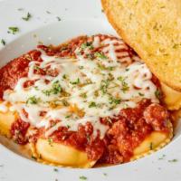 Ravioli · Beef or cheese ravioli served with choice of marinara or meat sauce and baked with mozzarell...