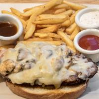Prime Rib Sandwich · Served open faced with mushrooms, Monterey Jack and Parmesan cheeses. Veggie patties availab...