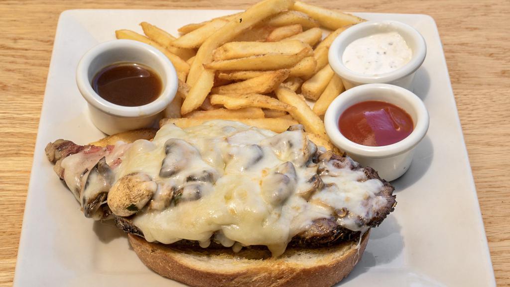 Prime Rib Sandwich · Served open faced with mushrooms, Monterey Jack and Parmesan cheeses. Veggie patties available.