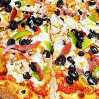 New York Works Pizza · Pepperoni, canadian bacon, italian sausage, onions, mushrooms, green peppers, black olives, ...