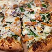 White Pizza · Pesto sauce, fresh tomatoes, onions, mushrooms, spinach, ricotta cheese and fresh garlic.