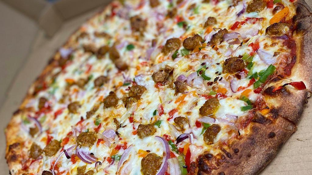 Peppers & Italian Sausage Pizza · Red, green and yellow peppers, spicy homemade italian sausage and red onions.