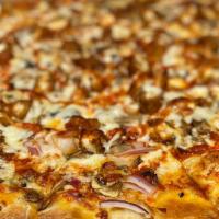 Buffalo Chicken Pizza · Homemade buffalo sauce, boneless chicken, onions, mushrooms, mozzarella cheese and ranch dre...