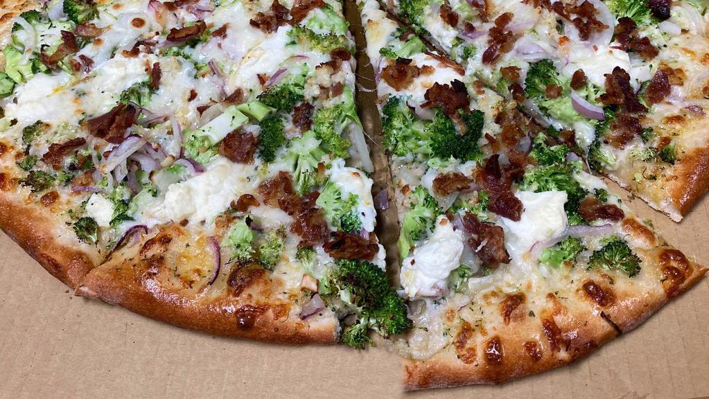 Tasty Pizza · Olive oil, fresh broccoli, red onion, ricotta cheese, light sprinkled garlic and crispy bacon.