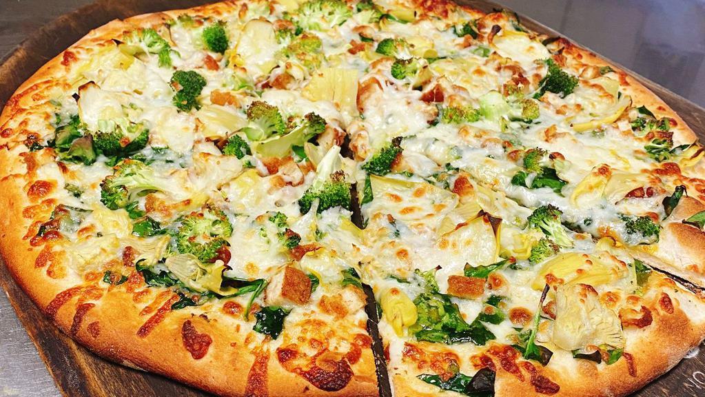 Artichoke & Chicken Pizza · Olive oil, grilled chicken, fresh spinach, artichoke, fresh broccoli and light sprinkled garlic.
