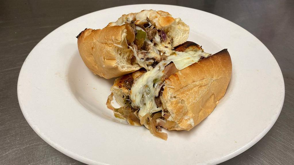 Philly Cheese Steak Sandwich · Meat, bell pepper, mushrooms, onion, cheese, and mayonnaise. Comes on 10