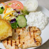 Chicken Diet Plate · Served with chicken breast cottage cheese salad and dinner roll.