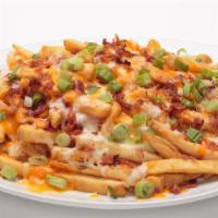 Loaded Fries · Our seasoned fries loaded with melted Mozzarella and Cheddar cheese, crispy bacon and fresh ...