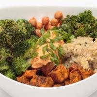 Harvest Protein Bowl · A Protein packed bowl with vegetarian quinoa, chili spiced kale, curried sweet potatoes, spi...
