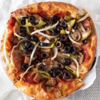 Borrelli'S Special Pizza · Six delicious toppings. Pepperoni, sausage, mushrooms, black olives, green bells, and yellow...