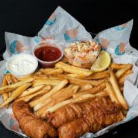Beer Battered Fish N Chips · The classic pub favorite. Beer battered Alaskan Cod quick fried to perfection. Served with f...