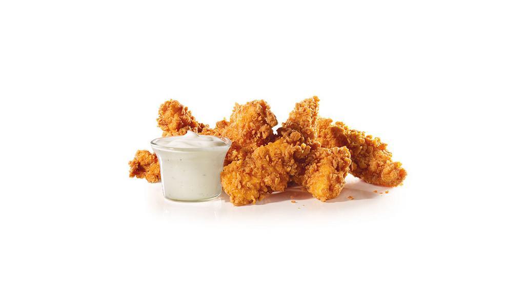 Hand-Breaded Chicken Tenders (5 Pieces) · Freshly prepared hand-breaded chicken tenders. Premium, all-white meat chicken, hand dipped in buttermilk, lightly breaded, and fried to a golden brown. Served with a choice of honey mustard, buttermilk ranch, or sweet and bold BBQ dipping sauces.