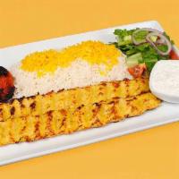 Chicken Koobideh Plate · Two skewers of charbroiled ground chicken seasoned with our special seasonings white rice wi...