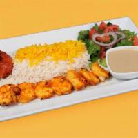 Shrimp Kebab Plate · One skewer of shrimp lightly marinated and charbroiled white rice with saffron, garden salad...