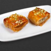 Baklava · Phyllo dough stacked with honey and nuts. 2 pieces.