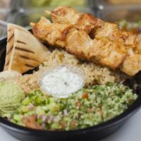 Chicken Plate · Two grilled chicken skewers, rice, hummus, salad, pickles, pita, tzatziki, tahini and hot sa...