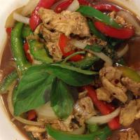 Spicy Basil · Choice of meat with fresh chili, basil, bell pepper and onion. Spicy.