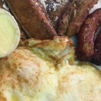 French Toast & Eggs · Served with 2 french toast, 2 eggs and 2 bacon or 2 sausages.