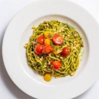 Linguine Pesto · Basil, olive oil, garlic, parmesan, Romano, topped with pinenuts, fresh tomatoes.