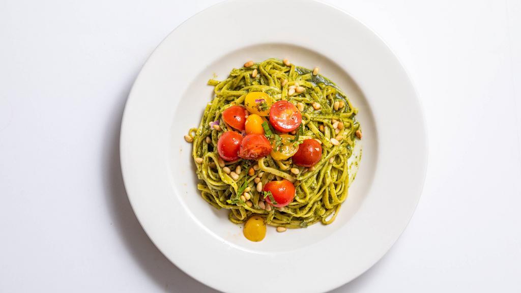 Linguine Pesto · Basil, olive oil, garlic, parmesan, Romano, topped with pinenuts, fresh tomatoes.