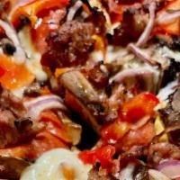 Classico Combination · Italian sausage, pepperoni, red and yellow peppers, onion, mushrooms, mozzarella, spicy toma...
