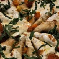 Margherita · Fresh mozzarella, oven roasted diced tomatoes, basil, spices, extra virgin olive oil (roma s...