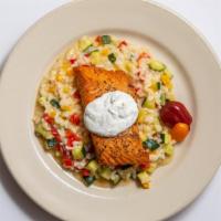 Oven Roasted Salmon Filet · With Dijon-dill sour cream sauce, lemon risotto diced red and yellow peppers, tomatoes, zucc...