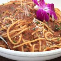 Spaghetti Puttanesca · Spaghetti, garlic, kalamata olives, capers, anchovies diced tomatoes, and marinara sauce