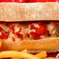 Meatball And Sausage Sandwich · Homemade meatballs and fresh sausage with melted provolone and marinara sauce, served on Ita...
