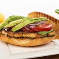 Chicken Avocado Sandwich · Juicy char-grilled breast of chicken with slices of avocado, lettuce, tomatoes, melted provo...