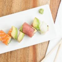 Rainbow Roll · Cali, tuna, salmon , albacore, and ebi. green onion and massago