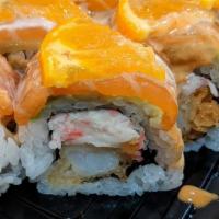 Sweet Salmon Roll · Shrimp, crab, Salmon, avocado, eel Sauce, spicy mayo, creamy sauce and orange.