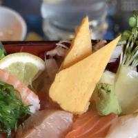 Chirashi · Salmon, Tuna, Albacore over Rice / Served with Miso Soup.