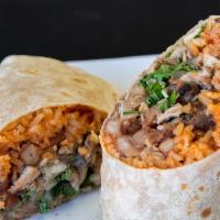 Ground Beef Wham! Burrito · House burrito with ground beef, Mexican rice, black beans, pico de gallo and salsa.