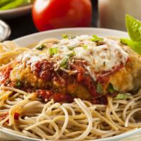 Chicken Parmesan · Breaded chicken topped with mozzarella cheese and marinara sauce, with spaghetti.