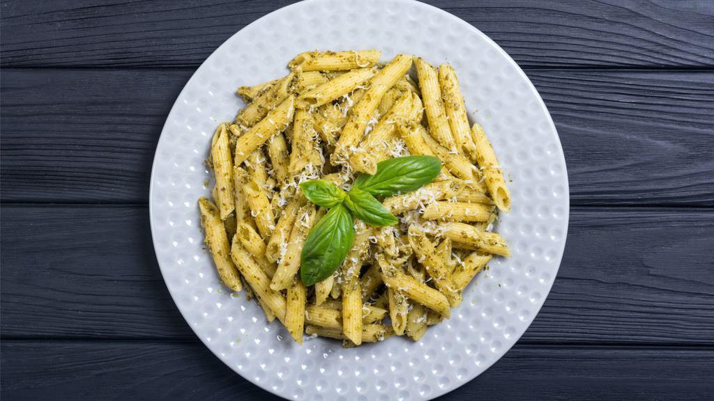 Penne Pesto Pasta · Fresh Italian pasta with sun dried tomatoes and a pesto cream sauce.