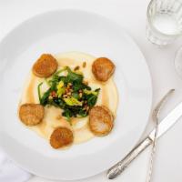 Seared Maine Diver Scallops · Celery root, savoy spinach, currants and pine nuts.