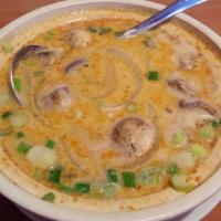 Tom Kha (Coconut Milk Soup) · Sliced meat with lemongrass, galangal, kafir leaves and mushroom, green onions, cilantro, fr...